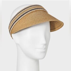 Universal Thread Straw Tan Blue White Striped Visor Hat